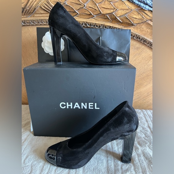 Chanel Cap Toe Blk Suede  Platform High Heel Round Toe W Pump size 9.5 - Picture 4 of 16